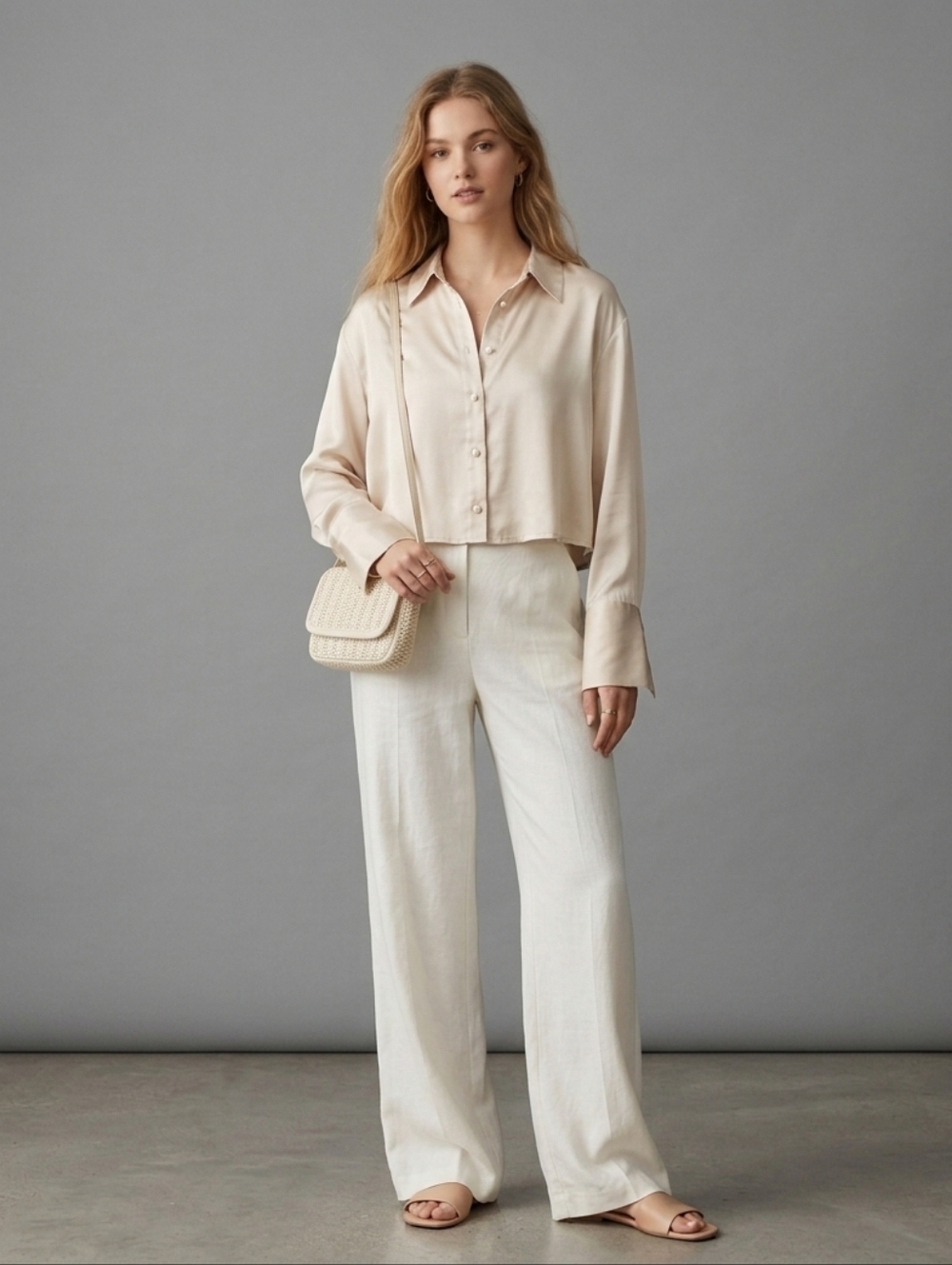 Zara Champagne Satin Cropped Shirt Long Sleeve Blouse Clean Girl Bussines Chic